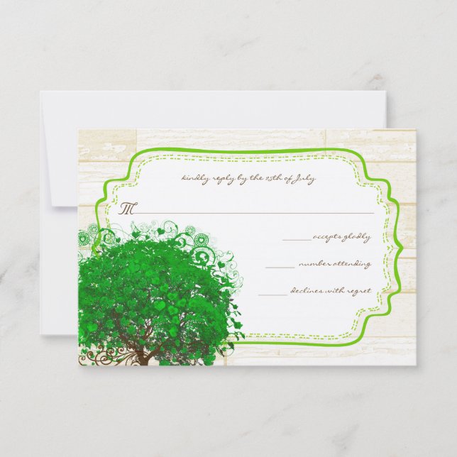 Emerald Heart Leaf Tree Barn Wood Wedding RSVP Card (Front)