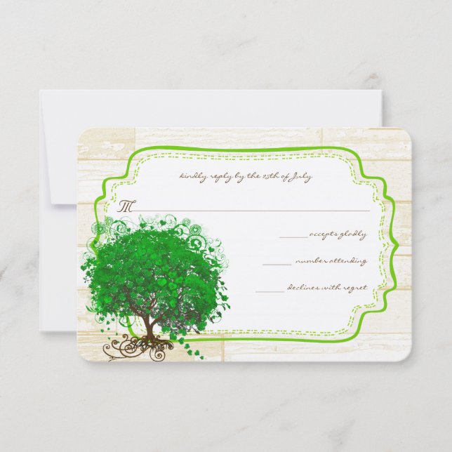 Emerald Heart Leaf Tree Barn Wood Wedding RSVP Card (Front)