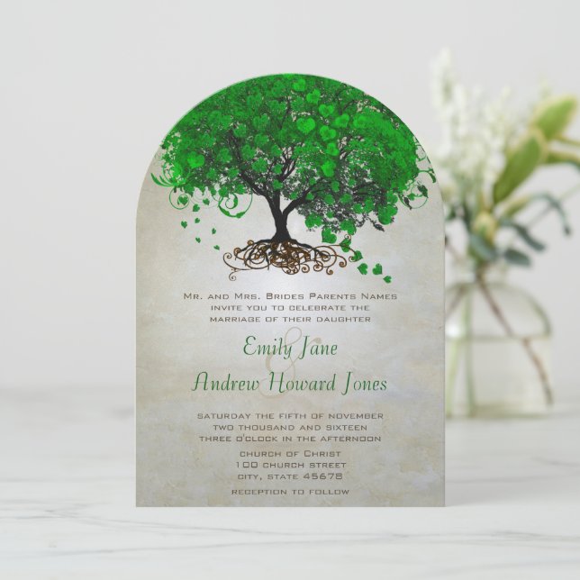 Emerald Heart Leaf Tree Wedding Invites (Standing Front)