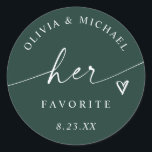Emerald Her Favorite Script Wedding Treat Bag Classic Round Sticker<br><div class="desc">Luxurious and bold,  these emerald green “Her Favorite” stickers feature white modern script and a heart accent — perfect for elegant,  jewel-tone weddings. Pair with “His Favorite” for a coordinated his and hers wedding favor display.</div>