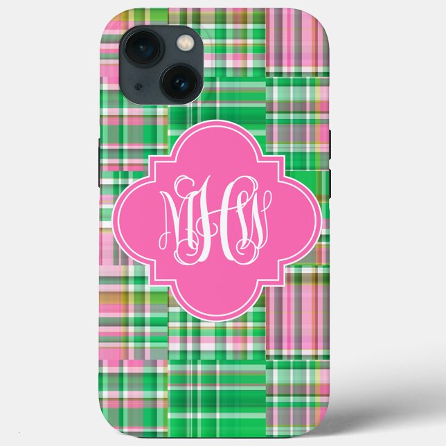 Emerald Hot Pink Madras Vine Script Monogram Case-Mate iPhone Case (Creator Uploaded)