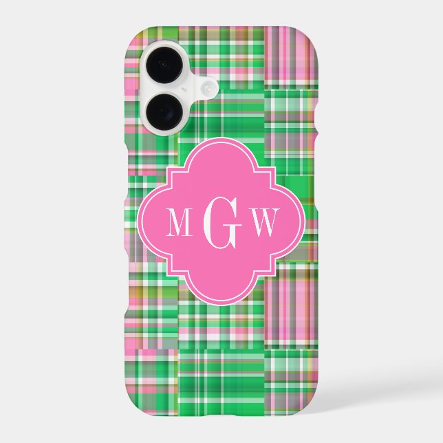 Emerald Hot Pink Preppy Patchwork Madras Monogram (Back)
