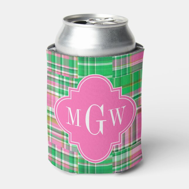 Emerald Hot Pink Preppy Patchwork Madras Monogram Can Cooler (Can Front)