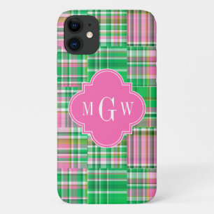 Emerald Hot Pink Preppy Patchwork Madras Monogram iPhone 11 Case