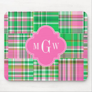 Emerald Hot Pink Preppy Patchwork Madras Monogram Mouse Mat