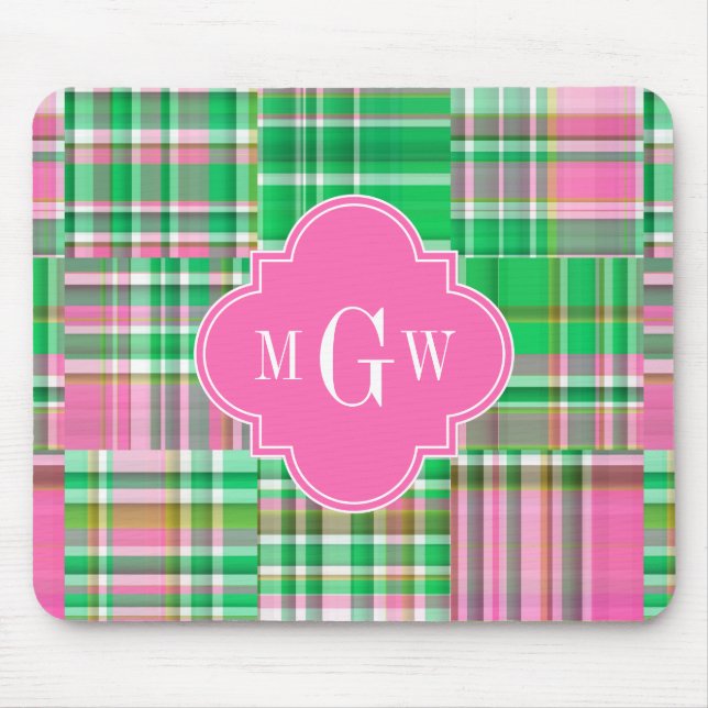 Emerald Hot Pink Preppy Patchwork Madras Monogram Mouse Mat (Front)