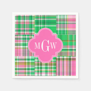Emerald Hot Pink Preppy Patchwork Madras Monogram Napkin