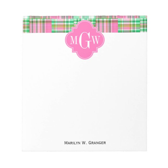 Emerald Hot Pink Preppy Patchwork Madras Monogram Notepad (Front)