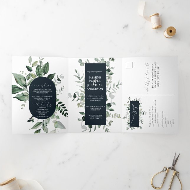 Emerald Hues Botanical Greenery with Navy Wedding Tri-Fold Invitation (Inside)