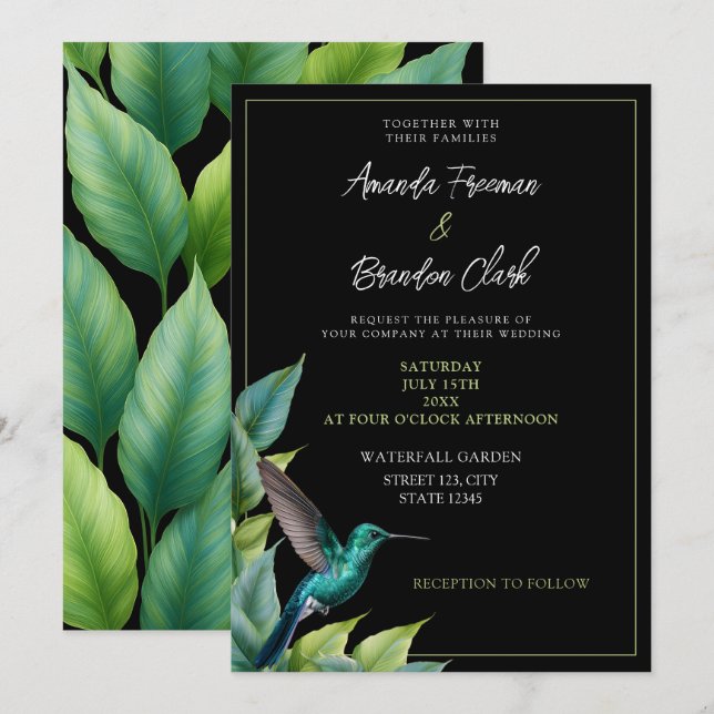 Emerald Hummingbird Tropical Leaves Wedding Invitation (Front/Back)