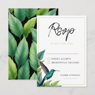 Emerald Hummingbird Tropical Leaves Wedding RSVP Card