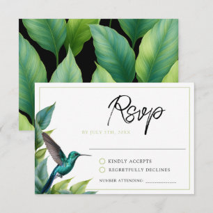Emerald Hummingbird Tropical Leaves Wedding RSVP Card