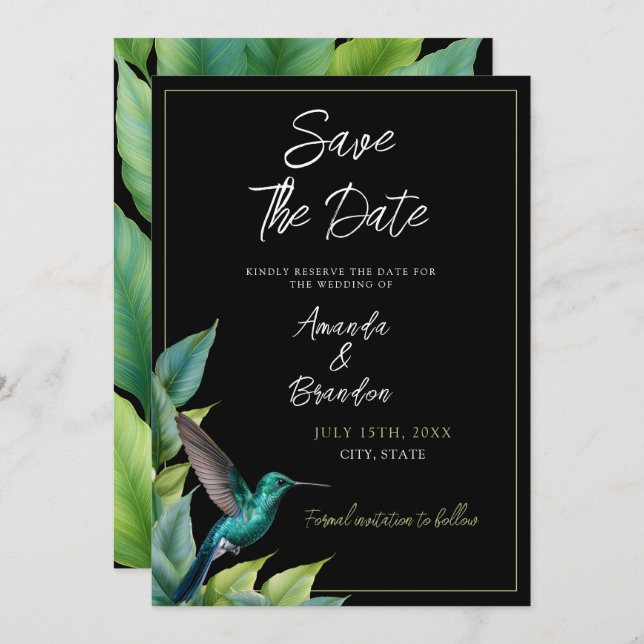 Emerald Hummingbird Tropical Leaves Wedding Save The Date (Front/Back)