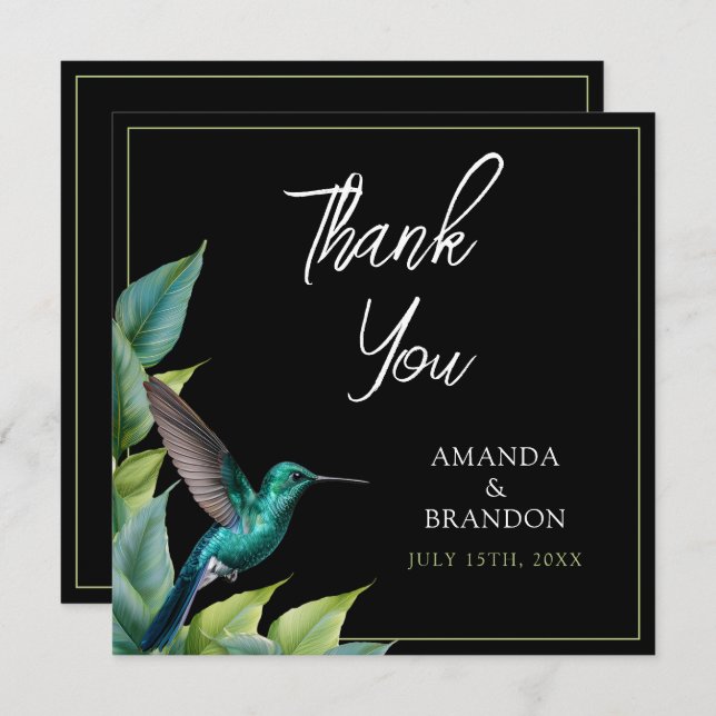 Emerald Hummingbird Tropical Leaves Wedding Thank You Card (Front/Back)