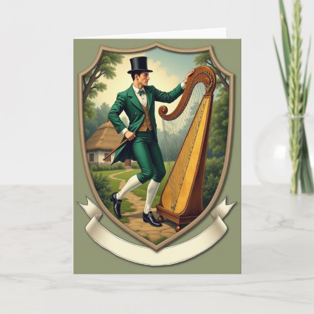 Emerald Irish Man Harp Scene Card (Front)