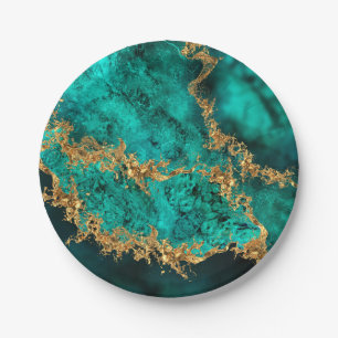 Emerald Jade Gold Splatter Abstract Paper Plate