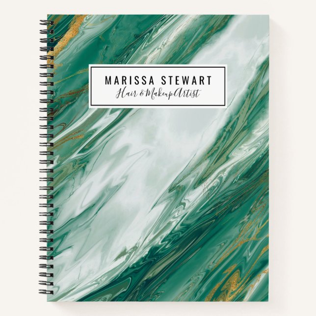 Emerald Jade Green Gold Accented Painted Marble Notebook (Front)