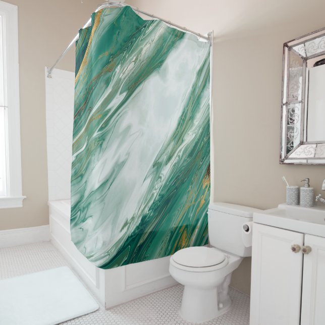 Emerald Jade Green Gold Accented Painted Marble Shower Curtain (In Situ)
