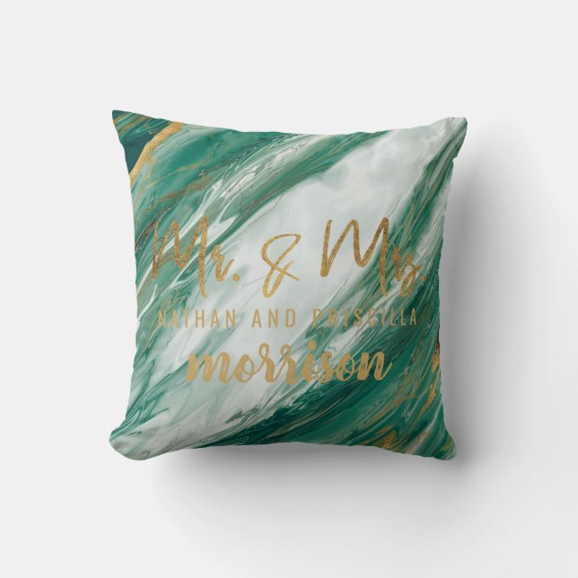 Emerald Jade Green Gold Painted Marble Wedding Cushion (Front)
