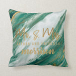 Emerald Jade Green Gold Painted Marble Wedding Cushion<br><div class="desc">Enjoy this wedding event gift that displays an emerald jade green and white painted marble pattern with gold accents print. This design is part of a wedding and newlywed gift collection that features products with faux printed gold brushstroke typography. These products will feature Mr. and Mrs. products, Mrs. products, and...</div>