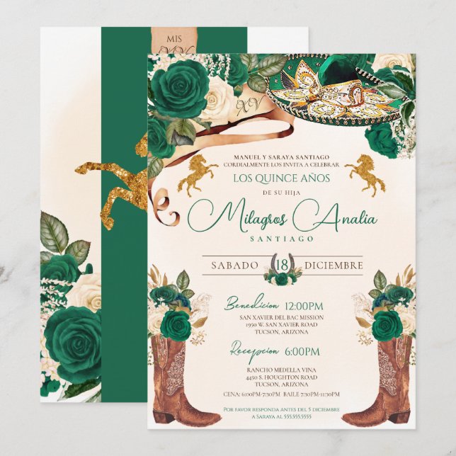 Emerald Jade Green Rose Western Charro Quinceañera Invitation (Front/Back)