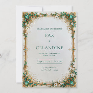 Emerald Jewel Gilded Floral Frame Wedding Invitation