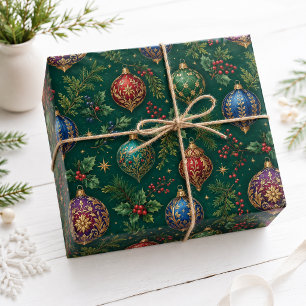 Emerald Jewel Tone Vintage Christmas Ornaments Wrapping Paper