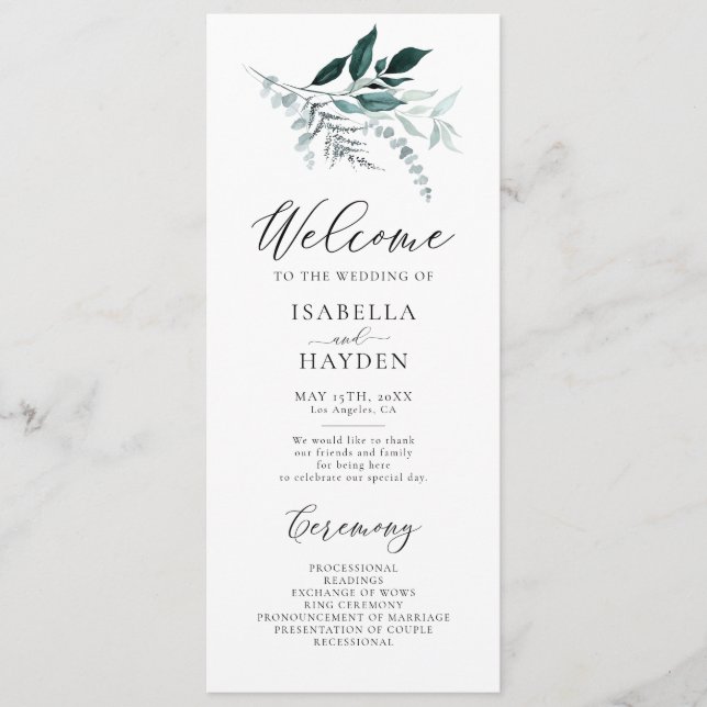 Emerald Leaf Greenery Foliage Watercolor Wedding Programme (Front)
