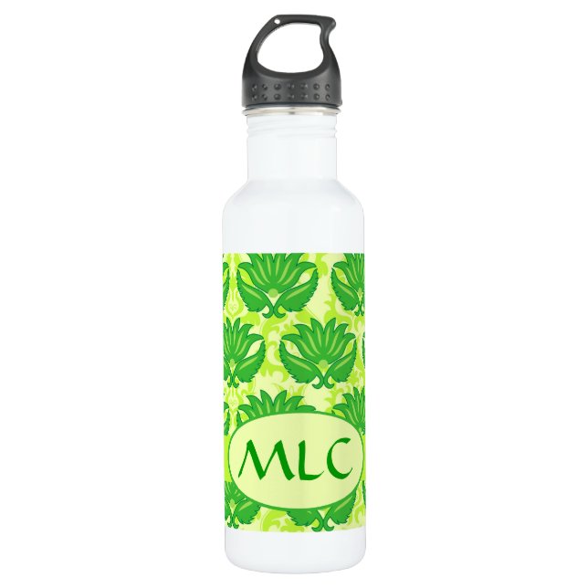 Emerald Lime Green Art Nouveau Damask Monogram 710 Ml Water Bottle (Front)