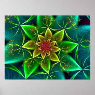 Emerald Lotus Mandala Blooming Star Fractal Art Poster
