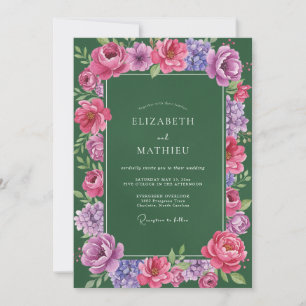 Emerald Magenta Ranunculus Eucalyptus Wedding Invitation