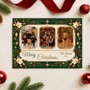 Emerald Magnolia Christmas Family Photo Collage Holiday Card