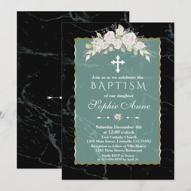 Emerald Marble White Roses Gold Frame Baptism Invitation (Front/Back)