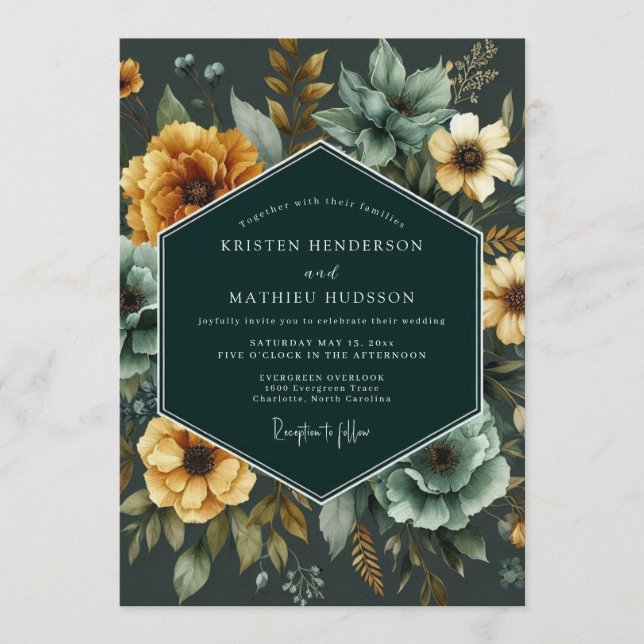 Emerald & Marigold Lush Botanical Wedding Invitation (Front)