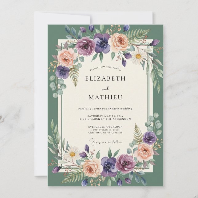 Emerald Mauve Blossom Wedding Invitation (Front)