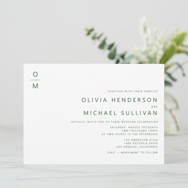 Emerald Minimalist Typography Monogram Wedding Invitation (Standing Front)
