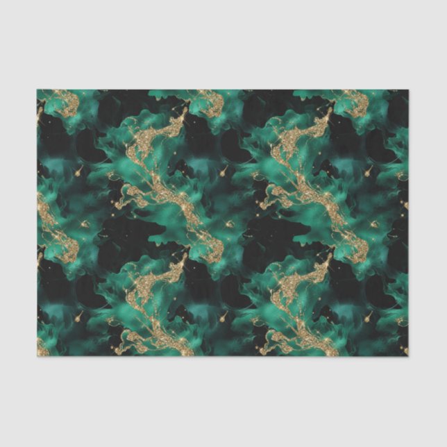 Emerald Mint Gold Watercolor Abstract Decoupage  Tissue Paper (Front)