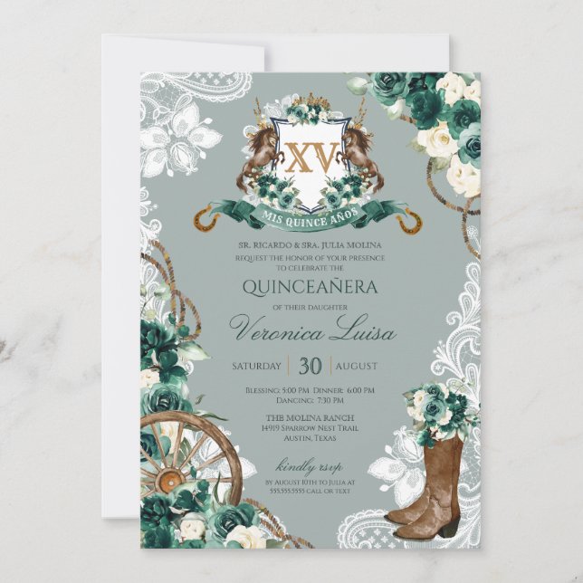 Emerald Mint Green Floral Crest Charro Quinceanera Invitation (Front)