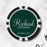Emerald Modern Script Personalised Groomsman Poker Chips<br><div class="desc">Personalised Groomsman Gifts
featuring personalised groomsman's name in white modern script font style with title and wedding date in modern sans serif font style on emerald green background.

Also perfect for best man,  father of the bride and more.</div>