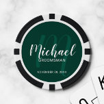 Emerald Modern Script Personalised Groomsmen Poker Chips<br><div class="desc">Add a personal touch to your wedding with personalised groomsmen poker chips. This design features personalised groomsmen's name in white modern script font style and monogram in light emerald green modern script font style as background with title and wedding date in white modern sans serif font style on emerald green...</div>