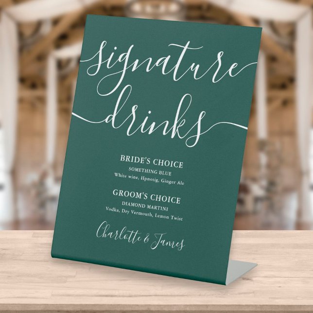 Emerald Modern Script Wedding Signature Drinks Pedestal Sign (Creator Uploaded)