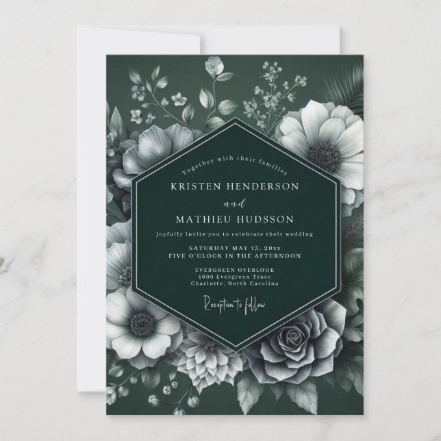 Emerald Monochrome Bloom Wedding Invitation (Front)
