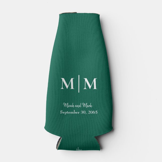 Emerald Monogram & Names Wedding Tall Can Cooler (Front)