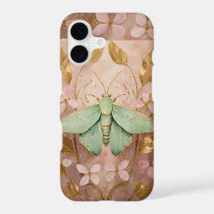 Emerald Moth and Golden Flowers Elegant Pink