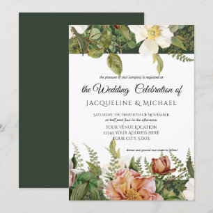 Emerald n Blush Floral Ivory Peony Rose Wedding Invitation