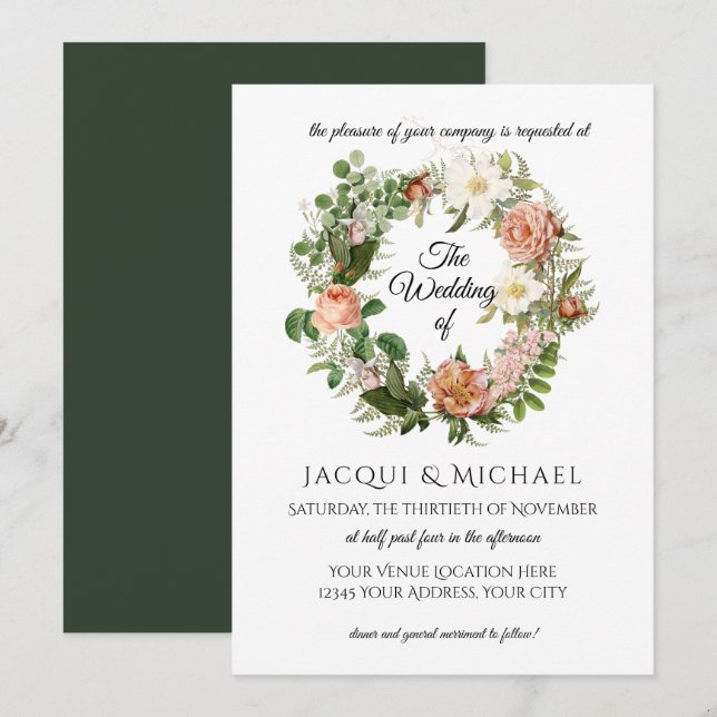 Emerald n Blush Ivory Roses w Fern Wreath Wedding Invitation (Front/Back)