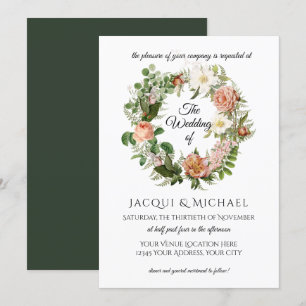 Emerald n Blush Ivory Roses w Fern Wreath Wedding Invitation