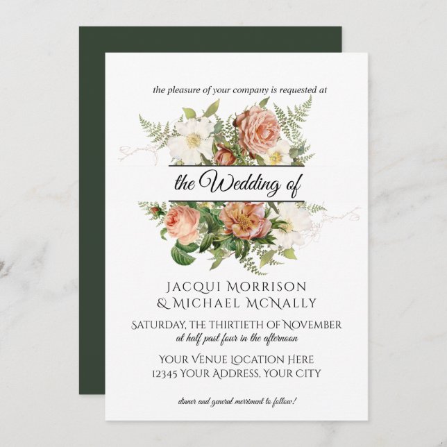 Emerald n Blush Peony, Roses w Fern Wreath Wedding Invitation (Front/Back)