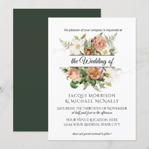 Emerald n Blush Peony, Roses w Fern Wreath Wedding Invitation