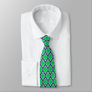 Emerald, Navy Blue White Moroccan Quatrefoil #4DS Tie